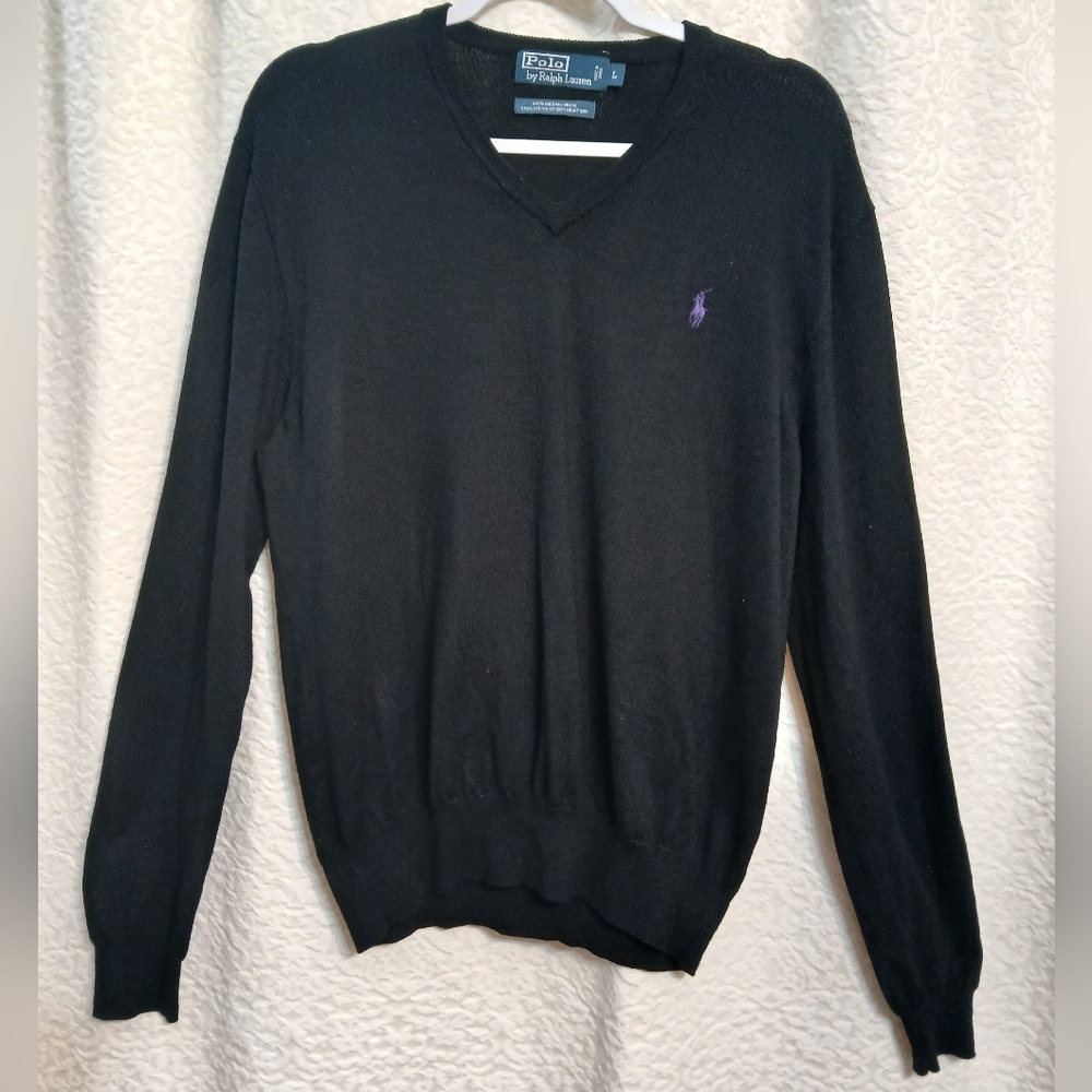 Polo Ralph Lauren Men's Black V-Neck Sweater with Purple Logo